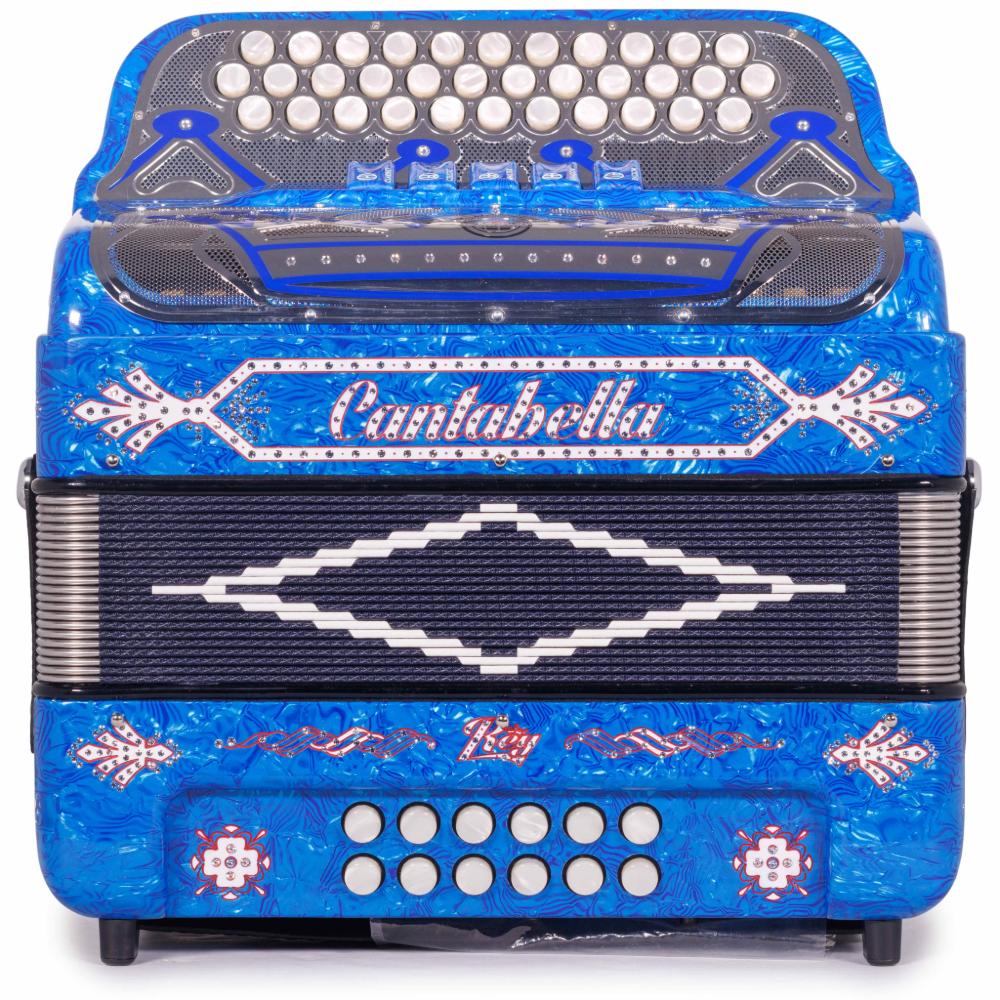 Cantabella Rey II 5 Switch FBE Celluloid Blue Waves with Silver and Red Accessories